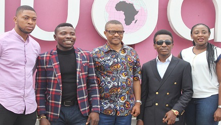 Founder/Vice President, Yudala, Prince Nnamdi Ekeh; Head, Corporate Communications, Gideon Ayogu: Chief Executive Officer, Dave Ibelegbu; Multiple award-winning Gospel artiste, Frank Edwards and Vice President, Yudala Offline Retail, Ronke Atoyebi during the contract signing ceremony and unveiling of Edwards as Yudala brand ambassador